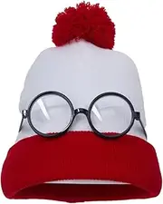 [Seaehey] Red and White Knitted Beanie Cosplay Hat with Glasses Warm Winter Hat Bobble Beanie Halloween Christmas Party Accessories