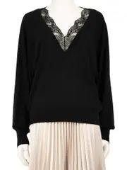 Black Wool Lace Trimmed V-Neck Knit Jumper