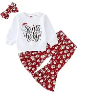 [Generic] Tennis Clothes for Girls for Winter Toddler Girls Christmas Long Sleeve Letter Cartoon Santa Prints T Shirt Tops Bell Bottoms Flare Pants Headbands Outfits Crop Set (White, 12-18 Months)
