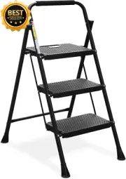 3 Step Ladder Folding Stool Anti-Slip Pedal Steel Handgrip Portable Black