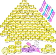 MotBach 100 Pcs 5g Empty Plastic Containers with Yellow Lids,Mini Makeup Sample Containers, Small Sample Pot Jars Round Cosmetic Jars with Mini Spatulas for Liquid Sample Powder Creams Lotions