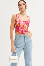 Print Corset Top Sleeveless Square Neck - Size 14, Women's Crop Top