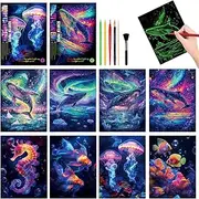 Set of 3 Scratch Pictures for Children, 18.5 x 13.5 cm, Magic Rainbow Scratching Paper, Scratch Book, Scratch Paper Set with Colourful Gradient and Scratch Pen, Whales, Maritime World