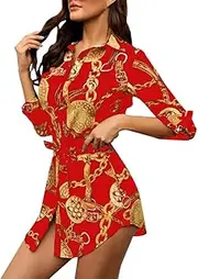 [Generic] Casual Dresses for Woman Long Sleeve Dress Casual Shirt Dress Chain Ladies Women Print Mini Women's Dress Summer Midi Dresses for Women