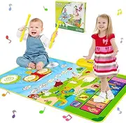 3 in 1 Musical Toys for Toddlers Piano Keyboard & Drum Mat with 2 Drum Sticks，Animal Touch Play Blanket Toys for 3 Year Old, Sensory Play Mat First Birthday Gifts for 3 Year Old Boys Girls