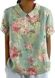 [Generic] under Scrub Top Art Floral Round Neck Button Loose Pullover Top Casual Shirt T Shirt Leisure Shirts Women