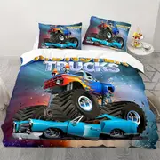 Bed Sheets g1742 3pcs Soft and Comfortable Car Truck Print Duvet Cover Set for Bedroom and Guest Room - Includes 1 Duvet Cover and 2 Pillowcases (Core