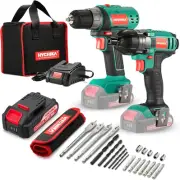 Cordless Drill Driver and Impact Driver 20V, HYCHIKA Drill Combo Kit, 2X2.0Ah Ba