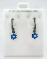 LAB CREATED BLUE SAPPHIRE DANGLE EARRINGS .925 SILVER - NWT - Burn Finish
