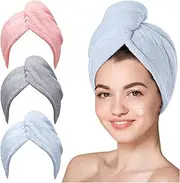CHGEO 3 Pack Microfiber Hair Drying Towel Wrap Super Absorbent Twist Turban Fast Dry Hair Caps with Buttons Bath Loop Fasten Salon Dry Hair Hat Portable(Gray Pink Blue)