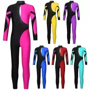 Girls Dance Unitard Long Sleeve Contrast Color Shiny Rhinestone Skating Jumpsuit