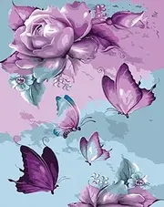 Syntego DIY Paint by Numbers Craft Kit for Adults, Purple Peony and Butterflies Canvas Oil Acrylic Painting Approx 50 x 40cm(16'' x 20'')