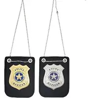 Police Badge Costume Props, 2 Pack Metal Badges with Chain and Belt Clip, Gold and Silver, 3.5 Inches X 2.5 Inches, Metal Leather, agate