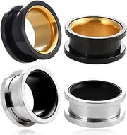 [Casvort] 4 PCS Round Screw Back Gold Black Ear Plugs Tunnels Gauges Stretcher Piercings Body Jewelry (0g-1'')