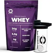 Pure Product Australia - Whey Protein Concentrate & Isolate -100% Premium Grass Fed AU & NZ Whey - 24g Protein per Serve - Non GMO - 5kg (165 Servings) - Unflavour + Glass shaker