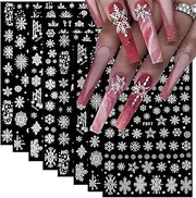 8 Sheets 3D Snowflake Nail Art Stickers Winter Christmas Nail Decals Glitter White Silver Snowflake Nail Stickers Self Adhesive Xmas Snow Nail Design Holiday Christmas Nail Decoration for Women Girls