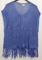 ONE WORLD Blue Crochet Boho Gypsy Cropped Kimono Lace Shawl Fringe Top SMALL