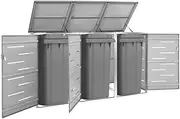 Triple Wheelie Bin Shed 207x77.5x112.5 cm Stainless Steel, Anti-Rust Lockable Garden Bin Storage, Galvanised Steel, Grey Colour, Convenient Lid Design with Luxury Springs