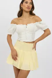 Yellow Mini Skort Skirt Shirred Waist Cotton Textured Lined - Size 16XL, Women's Skater Skirt