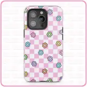 Checkered Flowers (Pink) iPhone Case Tough Pro 13 Max 16 15 14 MagSafe