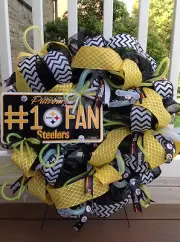 Handmade Pittsburgh Steeler black and yellow/gold football deco mesh wreath