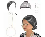 7 Pcs Grandma Old Lady Costume Set Granny Wig Kids The 100days Of School Silver