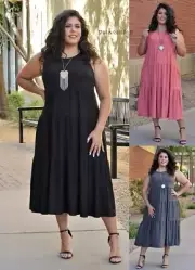New Womens PLUS SIZE BLACK GRA PINK JERSEY SLEEVELESS TIERED MIDI DRESS 1X 2X 3X
