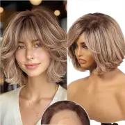 Lace Front Human Hair Wigs for Women Light Brown Layered Wavy Bob Wig with Bangs