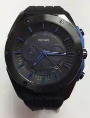PULSAR Men's Black/Blue Accent Rubber Chronograph WATCH PT3519