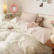 Bildenly Duvet Cover Queen Size Pink Bow Bedding Set Pink Bowknot Striped Pattern Reversible Comforter Cover Set Soft Breathable Microfiber Quilt Cover with Zipper Closure and 2 Pillowcases
