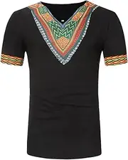 [XSION] Mens African Dashiki Shirt V Neck Shirts Short Sleeve Traditional Tribal Floral Printed Blouse Fashion Pullover (Color : Black, Size : Medium)
