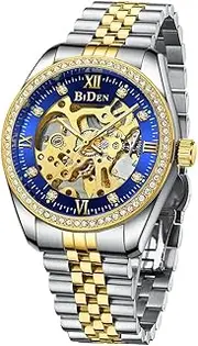 [DAXIAOYU] Mens Watches Skeleton Automatic Mechanical Male Wristwatch Stainless Steel Rhinestone Dial Gold Business Clock