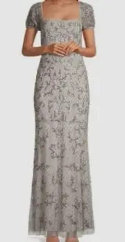 $595 Aidan Mattox Women's Gray Sequined & Beaded Mermaid Gown Size 14