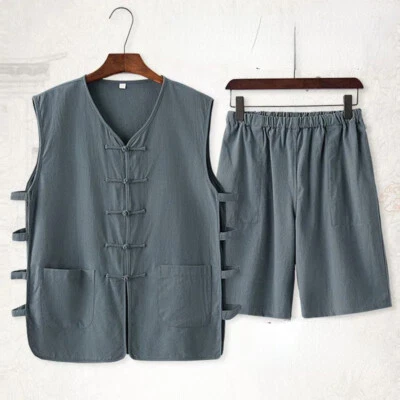 Mens Waistcoat and Shorts Set Tank Top Vest Frog Button Elastic Waist Tang Suit