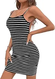 [SHINsuke] Women Summer Slip Cami Mini Dress Black Striped Sexy Tie Backless Bodycon Slim Short Pencil Sheath Sundress Party