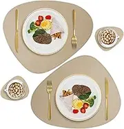Faux Leather Placemats and Coasters Set, Round Leather for Dinner Table Mats Heat Resistant Non-Slip Washable Insulation Coffee Mats Kitchen Place Mats Nordic Style (Golden, 2 Placemats+2 Coasters)