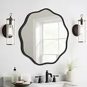 WallBeyond Round Wavy Mirror for Wall Decorative 20 inch, Modern Round Mirror Aluminum Frame Circle Wall Mirror for Bathroom Bedroom Living Room Home House Office Entryway, Black