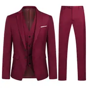 Allthemen Mens 3-Piece Suit Business Wedding Solid Color Slim-fit Blazer and Pants and Vest Burgundy L