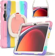 Heavy Duty Case for Galaxy Tab S9 Ultra 2023/S8 Ultra 14.6 Inch 2022, Hybrid Rugged Case with S Pen Holder, Shockproof Kids Case with 360 Rotating Stand/Shoulder Strap (Colourful Pink)