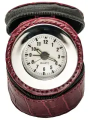 TRAVEL MINI ALARM ANALOG CLOCK IN LEATHER CASE.