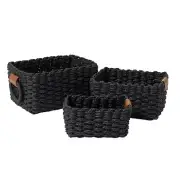 Small Black Wicker Baskets Set of 3, Paper Rope Storage Baskets with Handle, ...