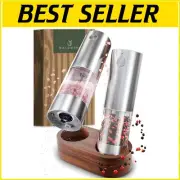 Rechargeable Electric Salt and Pepper Grinder Set with Elegant Acacia Wood Stand