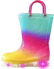[Greentiming] Toddler Rain Boots for Girls Boys, Light Up kids Glitter Rainboots Waterproof Shoes with Handles