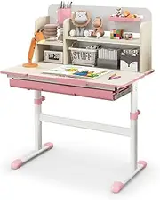 [Honey Joy] Kids Study Desk, Height Adjustable Children Writing Table w/Tilt Desktop, Home School Student Learning Desk w/Hutch, Storage Drawer, Tray, Pen Holder & Scale Ruler for 3-12 Years, Pink