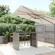 Bar Table with Glass Top, Outdoor Bistro Patio Pub Cocktail Height Tables - Grey Poly Rattan, 145x80x110 cm