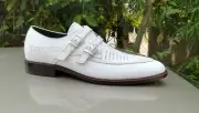 Handmade Men's Leather Dress Formal White Color Straps Double Monk Shoes-465