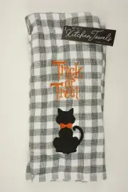 New Set of Two Trick Or Treat Halloween Kitchen Towels White Black Cat Checkered