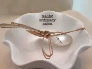 Mud Pie Salsa Dip Bowl w Spoon Set "Nacho Ordinary Salsa" Tortilla Shell Shape