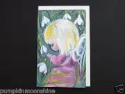 #H76- Vintage Unused Xmas Greeting Card Sweet Angel & Snow Drop Crocus Flowers