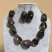 Grey And Silver Uneven Shape Lucite Bead Necklace earring set